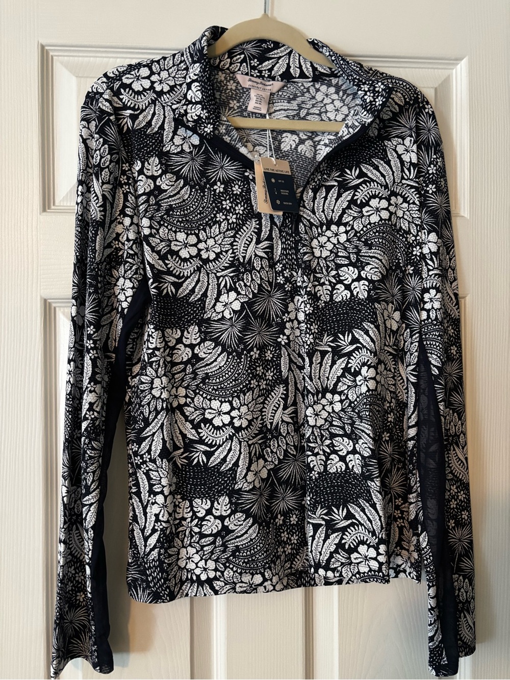 Tommy Bahama Black & White Floral Half-Zip Long Sleeve Top